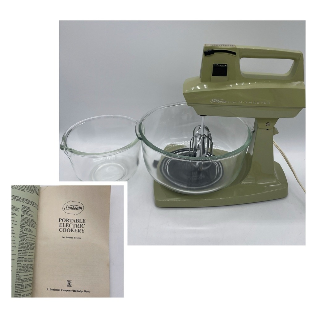 VTG Sunbeam Vista Mixmaster Mixer Stand/Hand VEM-M Green 2 Glasbake Bowls Manual